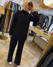 ceremony balıkçı yaka kristal detaylı triko takım siyah 2