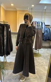 ceremony önü fermuarlı ceket ve etekli baklava kapitönetakım kahve