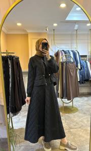 ceremony önü fermuarlı ceket ve etekli baklava kapitönetakım siyah