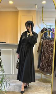 ghisa önden yarım fermuarlı cebi işlemeli elbise siyah