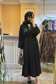 ghisa önden yarım fermuarlı cebi işlemeli elbise siyah 2