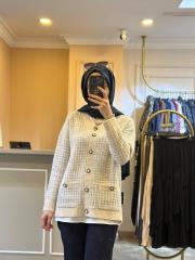 ghisa gümüş ip geçişli pullu v yaka ithal triko hırka bej