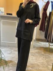 lissmore yakası boncuk işlemeli fermuar detaylı takım siyah 2