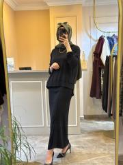 ceremony yün işlemeli triko etekli takım siyah