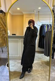 lissmore içi kürklü kapüşonlu uzun manto siyah