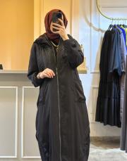 lissmore içi kürklü kapüşonlu uzun manto siyah 5