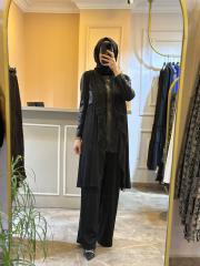 ghisa yakası kürk ve deri detaylı üçlü takım siyah