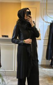 ghisa yakası kürk ve deri detaylı üçlü takım siyah 6