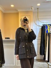 ghisa zebra desen belden büzmeli fermuarlı kaban kahve