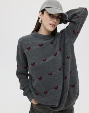 kalp motifli triko kazak gri